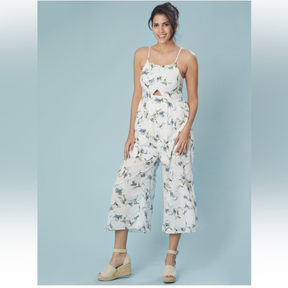 Altar’D State Triange Jumpsuit Cutout Wide Leg Cropped White Cotton Blue Floral